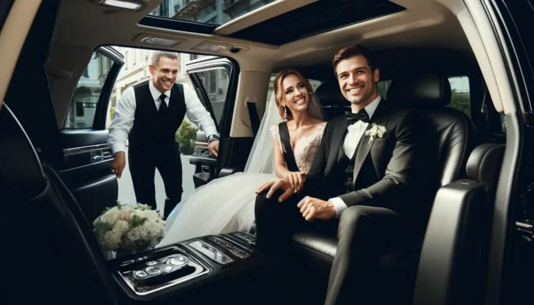 Bride and groom using private luxury transportation for a special event