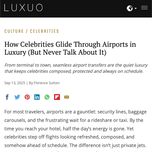 Emelx featured in Luxuo — luxury airport transfers across Southern California