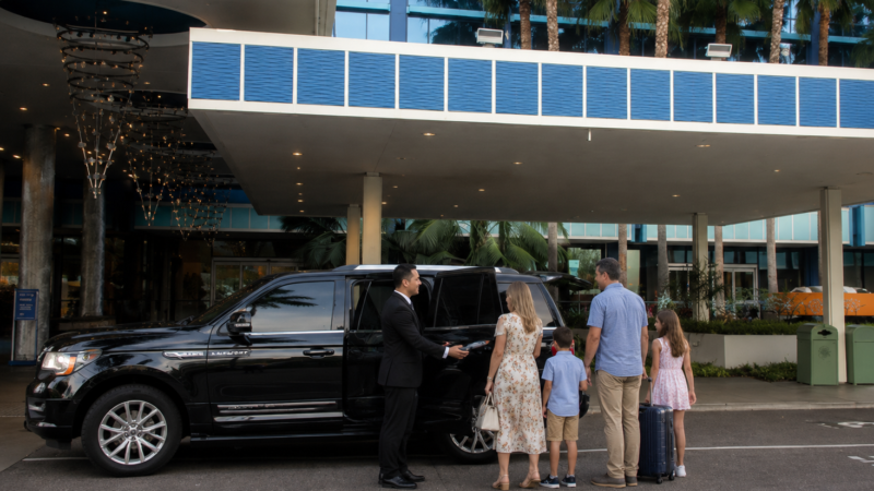 Emelx private car and family arrival at Disneyland Hotel in Anaheim