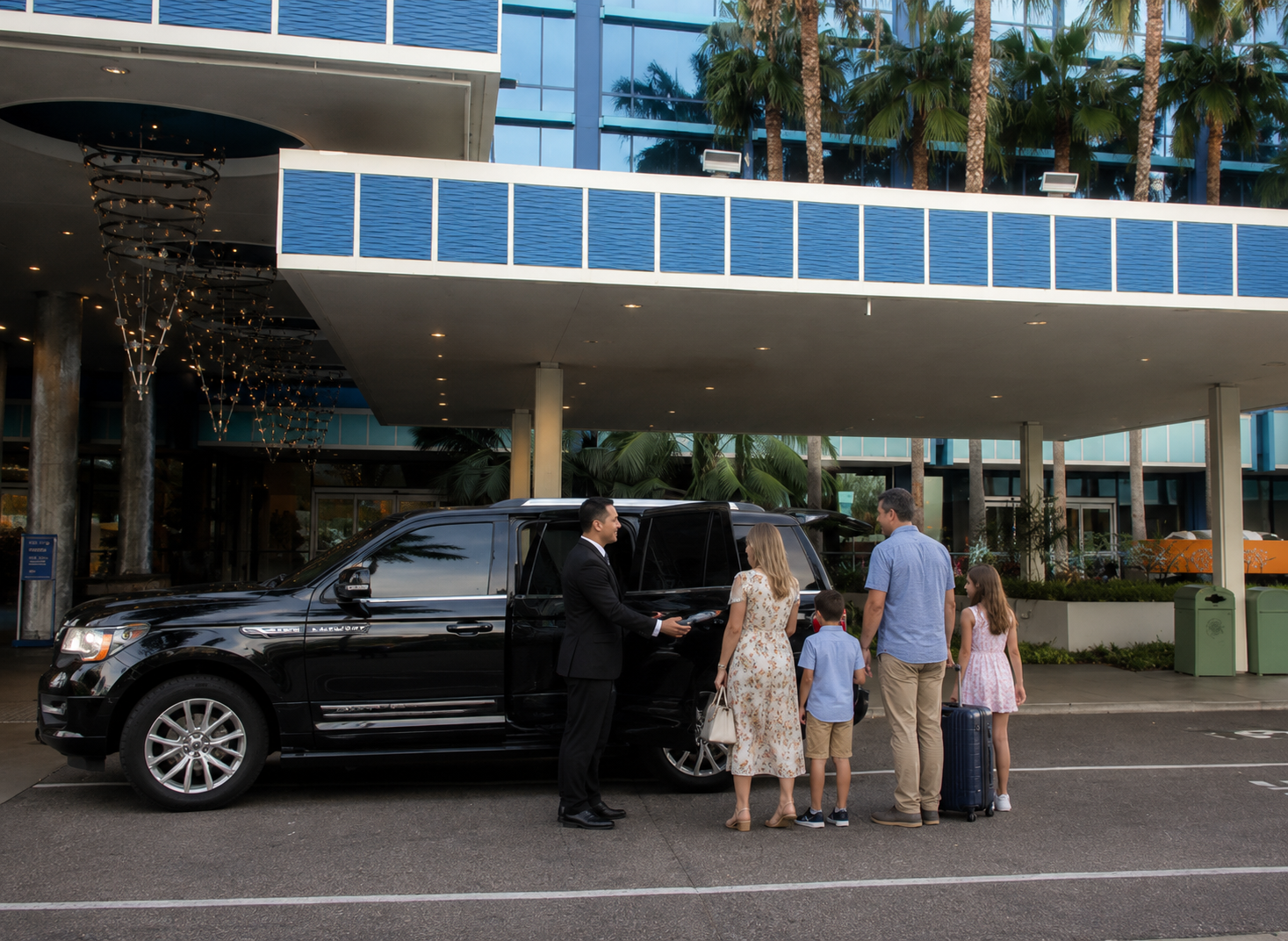 Emelx private car and family arrival at Disneyland Hotel in Anaheim