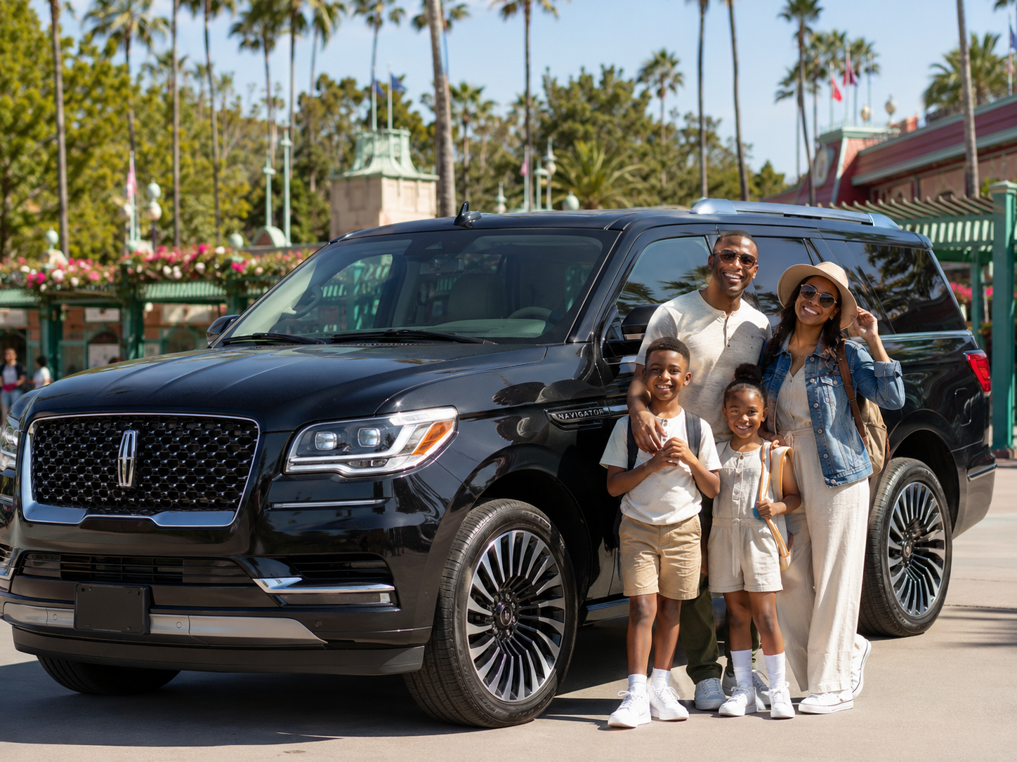 Emelx family arrival for private LAX car service to the Disneyland Resort entrance in Anaheim