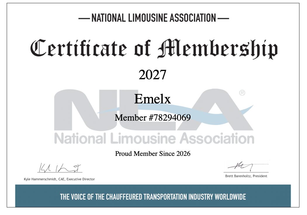 Emelx 2027 National Limousine Association Certificate of Membership, Member Number 78294069
