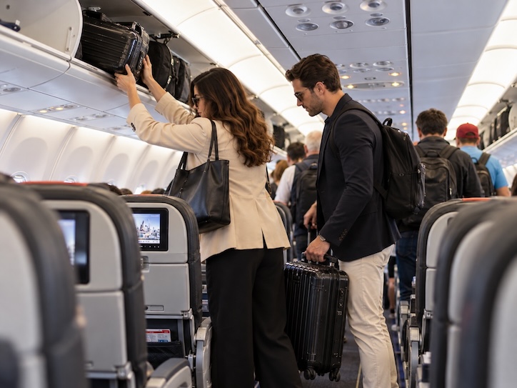 Illustration of passengers collecting carry-on bags before leaving an aircraft