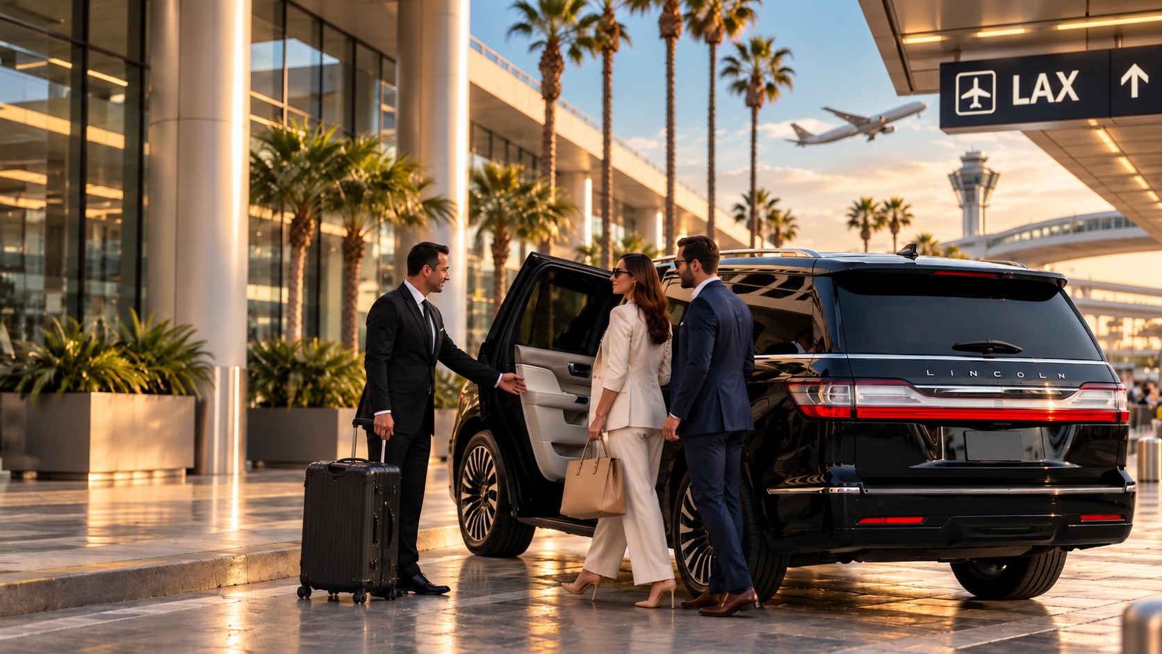 Professional private airport car service at LAX during the golden-hour arrival period