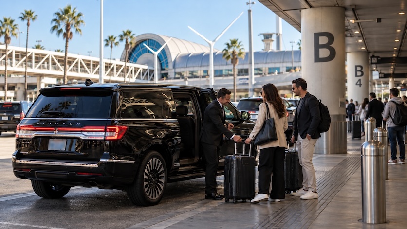 Illustration of a professional chauffeur helping passengers load luggage into a black SUV