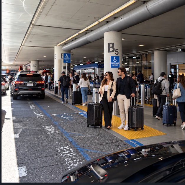 Illustration of arriving travelers waiting beside an airport curbside pickup column
